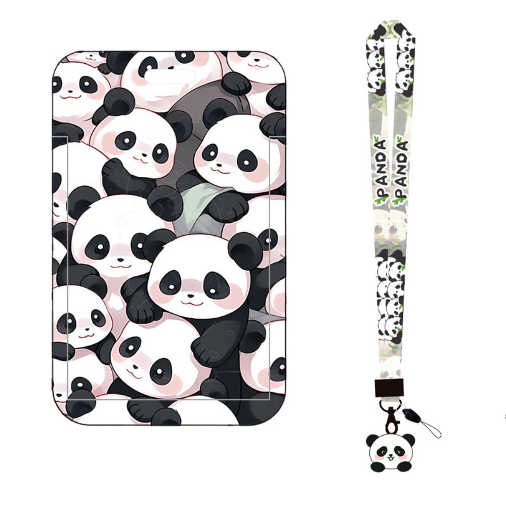 New Panda Printing Plastic Card Holder with Long Lanyard Anti Loss Hard Card Sleeve Slide Card Case