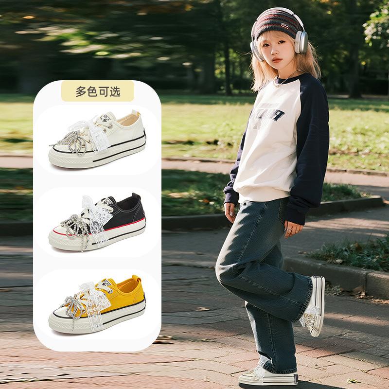 Bow canvas shoes 2025 thick sole heightening comfortable little white shoes casual single shoes