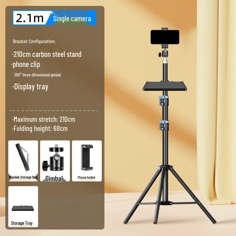 Carbon Steel Mobile Phone Holder with Fill Light - Dual-Position, Professional, Designed for Live Broadcasts.