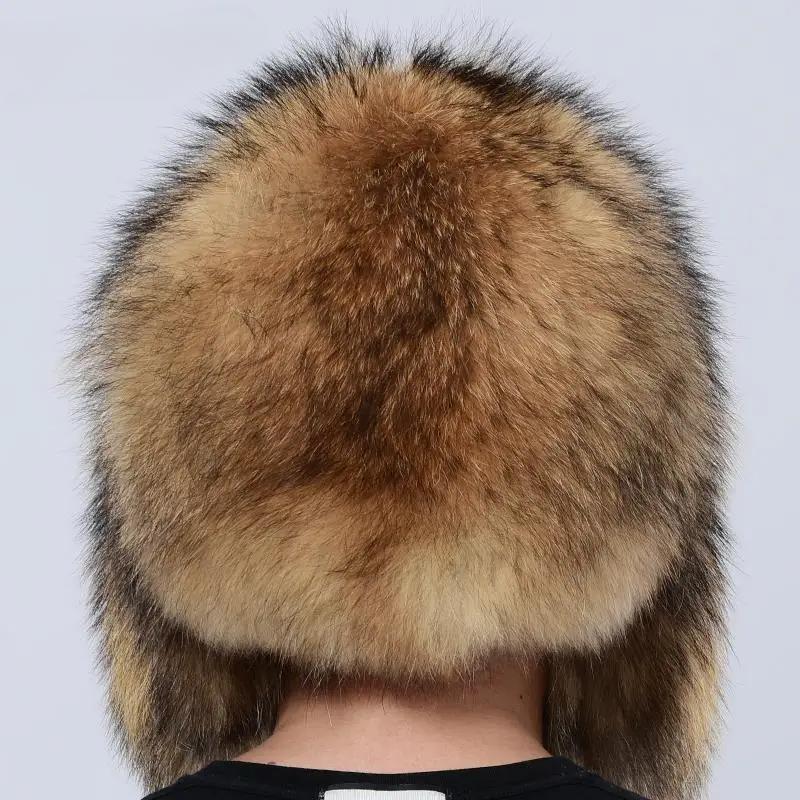 Luxury Men Hat Winter Warm Thick Fluffy Brim Bomber Hat Ushanka Russia Natural Raccoon Fox Fur Trapper Ear Hats