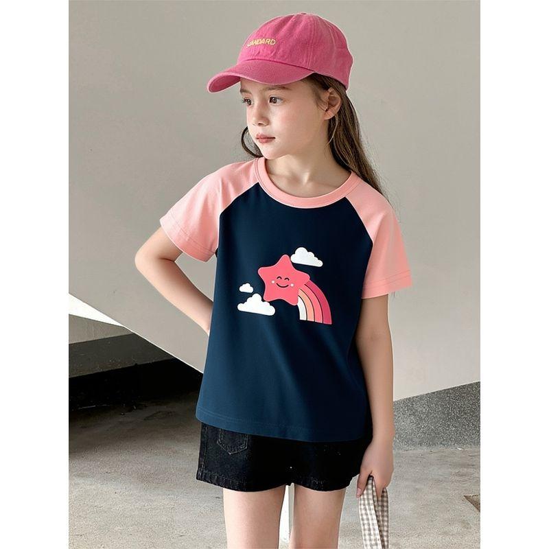 27Home Girls' Pure Cotton Printed Short-Sleeved T-Shirt Kidsren's Half-Sleeved 2026 Summer New Cartoon Printed Kidsren's Clothing Ins