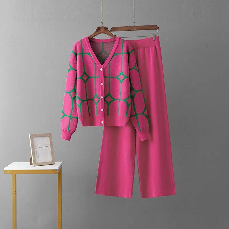 European and American Cross-Border Knitted Wide-Leg Pants Sweater Set Women Spring and Autumn New Loose Fashion Temperament Two-piece Set Fashion
