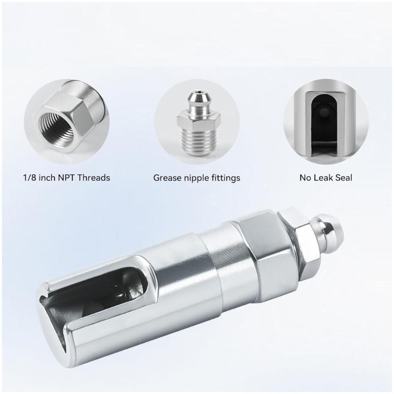 Grease Coupler Lubrication Fitting with Locking Handle, Extension Hose and Metal Needle Nozzles for Vehicle Maintenance