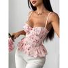 Lotus Leaf Edge Floral Lace Up Sexytop Ruffles Floral Tie-Neck Sexy Top