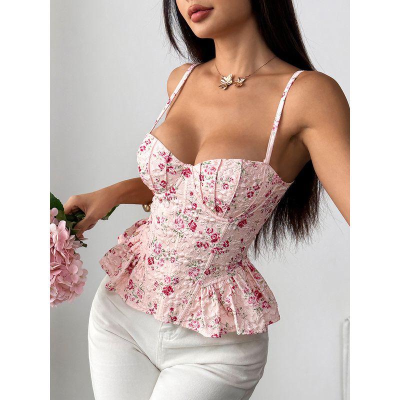 Lotus Leaf Edge Floral Lace Up Sexytop Ruffles Floral Tie-Neck Sexy Top