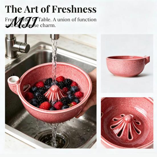 All In One Washing And Draining Bowl Ceramic Berry Swirl Bowl, Self Spinning Fruit Vegetable Cleaner with Healthy Kitchen Essentials for Produce