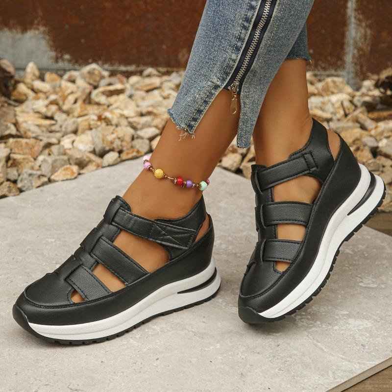 Summer Wedge Heel Sandals, Perforated and Breathable Women's Thick-soled Velcro Shoes