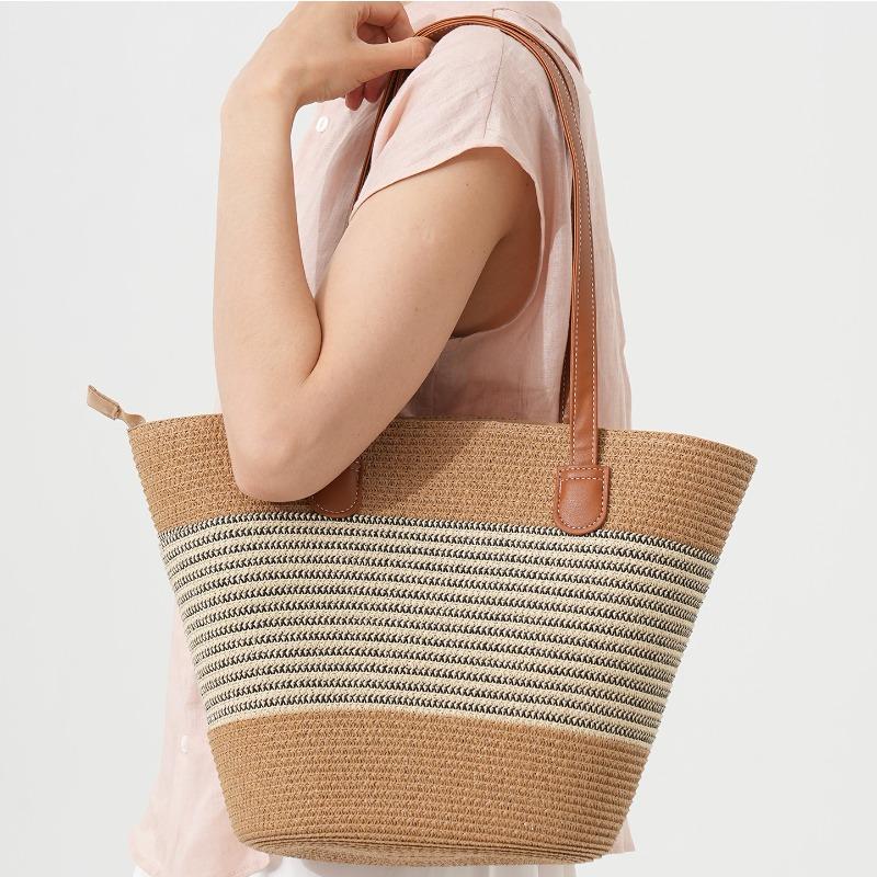 Shoulder Striped Straw Bag Woven Bag Large Capacity Portable Tote Bag Women's Beach Bag Zipper Vintage Woven