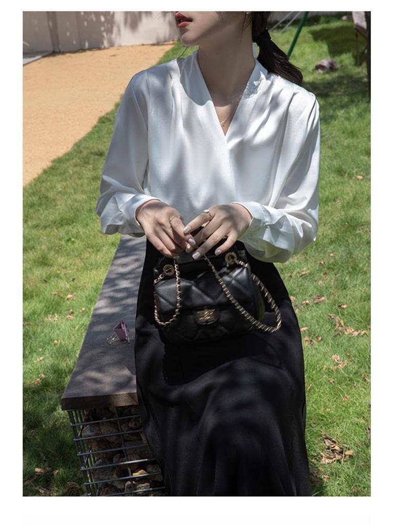 Women's Elegant Satin V-Neck Shirt: High-End Feel, Professional & Formal Wear for Spring/Autumn Commutes.