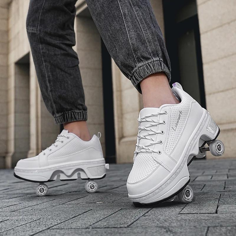 4 Wheel Dual-Use Roller Skates Retractable Wheels Racing Roller Shoes Children's Shoes with Wheels Speed Skate Skateboard Shoes