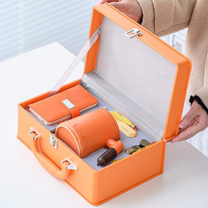 Orange Leather Gift Box: Ceramic Mug Set with Lid & Tea Infuser, Customizable Business Gift.