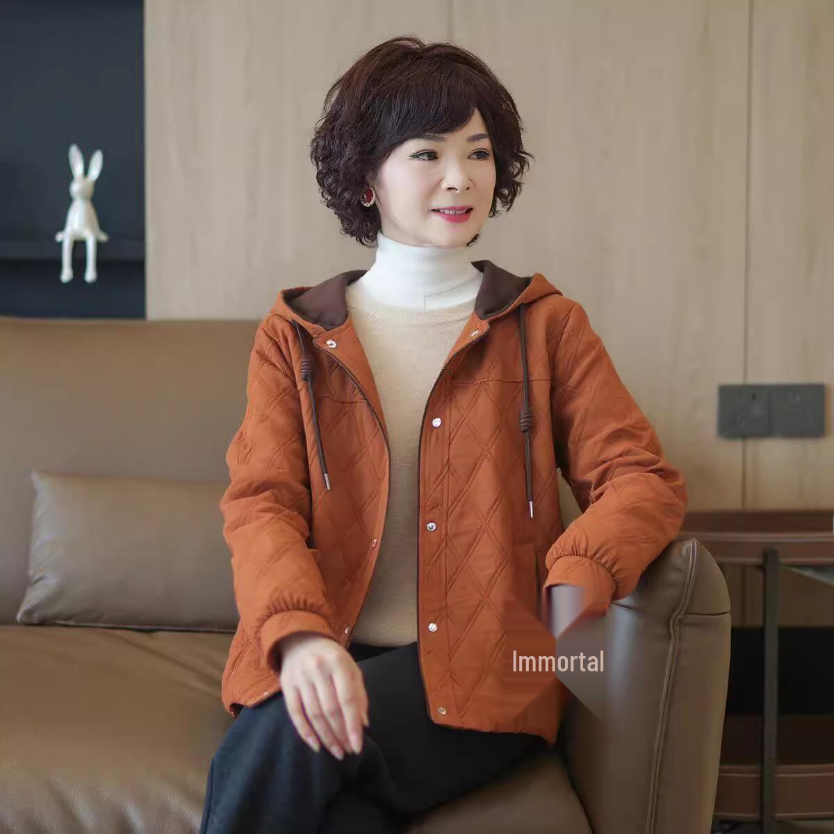 

Petite Hooded Spring Jacket for Middle-Aged Women over 50 3XL 135-150 jin оранжевый
