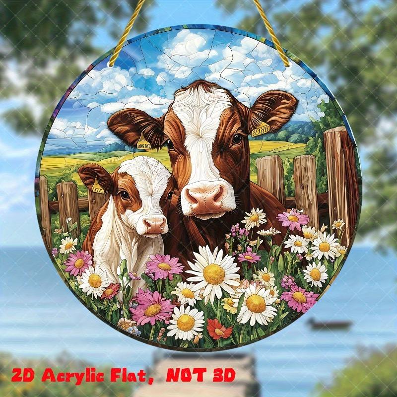 

2D Flat Round Acrylic Decoration Sign, Cow and Calf Design, Home Decor Plaque Hanging Wall Art Decorative Garden Decoration for Room Door Signs Hangin 20*20cm