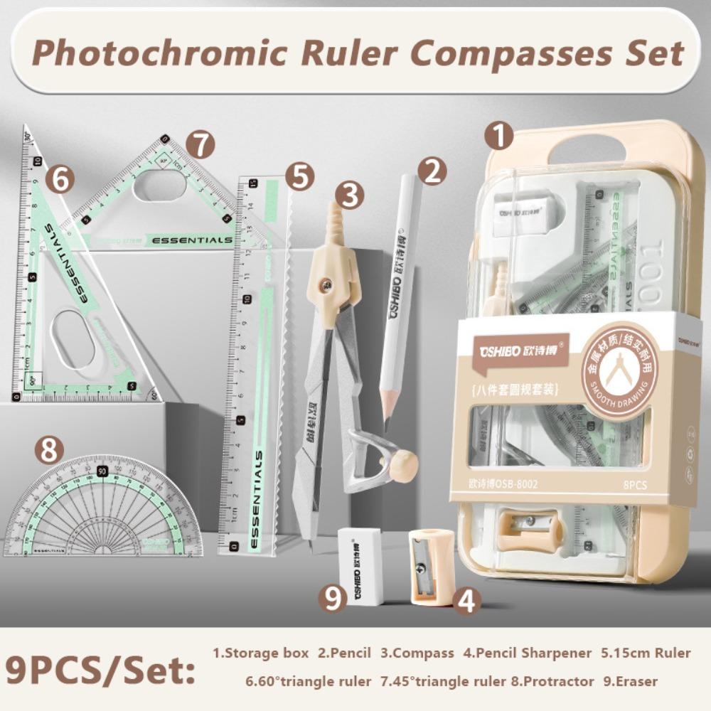 9PCS/Set Propelling Pencil Stationery Ruler Set Plastic Protractor Drawing Tool  Students