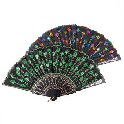 Rainbow Color Dance Fan Peacock Pattern Folding Hand Held Embroidered Sequin Fan