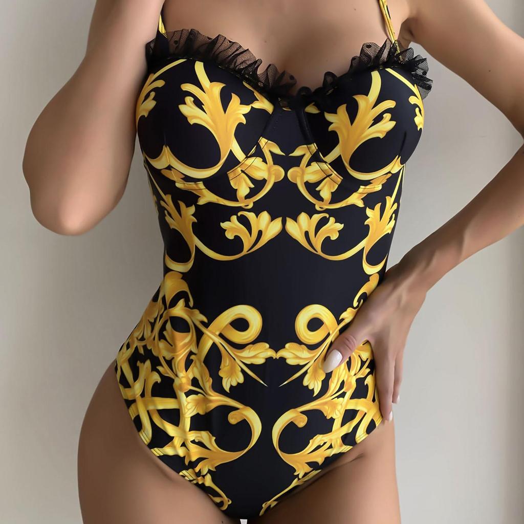 Women Sexy One-Piece Lace Print Jumpsuit Beachwear Swimwear Push-up Bikini