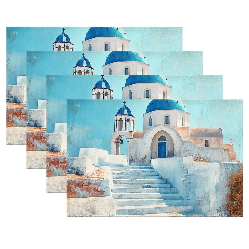 

4pcs Santorini Blue Domed Church Placemats, 12x18 Inch Polyester Knit Fabric Rectangular Table Mats, Hand Washable Farmhouse Din 12x18in-4PCS