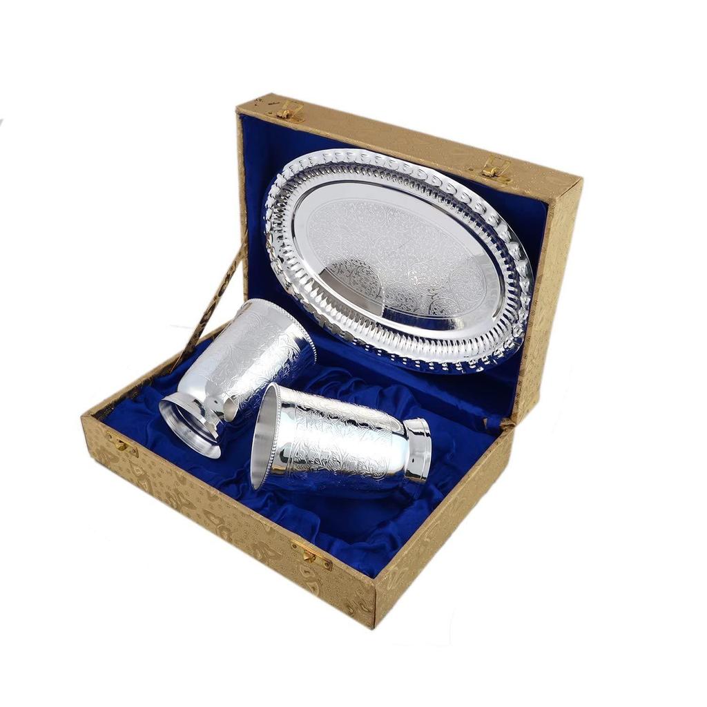 Silver Plated Embossed Glass Tumbler Water Glass for Drinking Water | Pack of 3 | Royal Look Red Velvet Box | Best for Gifting In Any Occasion