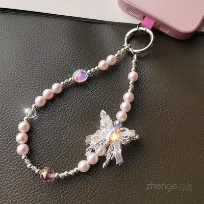 High-end Gemstone Butterfly Pearl Mobile Phone Chain Ins Fashion Women's Wrist Pendant Beaded Chain Short Style