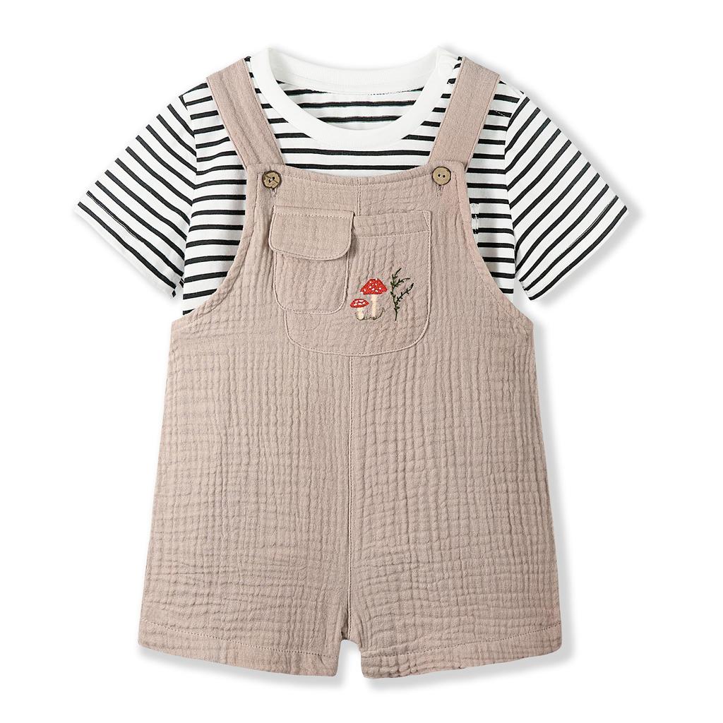 Baby Clothes Summer Short Sleeve Overalls Set Baby Clothes Overalls Boys Girls Cotton Gauze Embroidery Border Cute 80 90 [Volunboy] T-Shirt 2-Piece