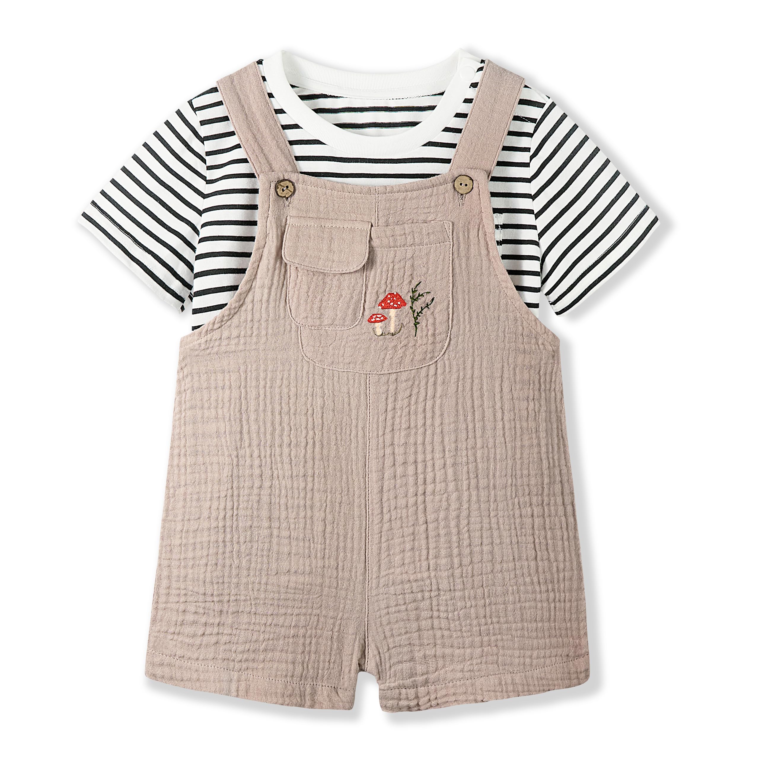 

Детская одежда Летний комплект комбинезонов с коротким рукавом Детская одежда Комбинезоны для мальчиков и девочек Хлопковая марля Вышивка Бордюр Милый 80 90 [Volunboy] Футболка 2 предмета бежевый