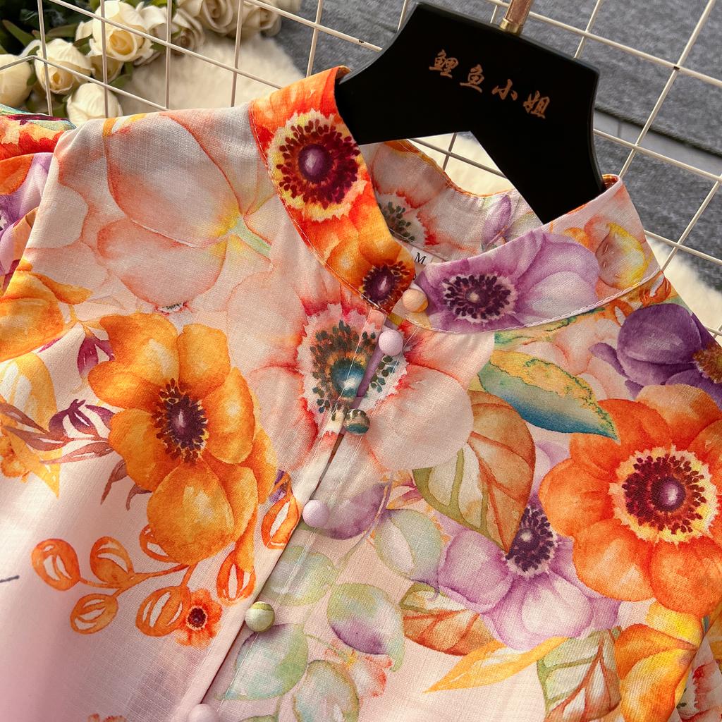 Kleid mit Blumendruck für Damen, Rüschen, fliegende Ärmel, kontrastierende einreihige Kleider, Taillenschnürkleider im Palaststil