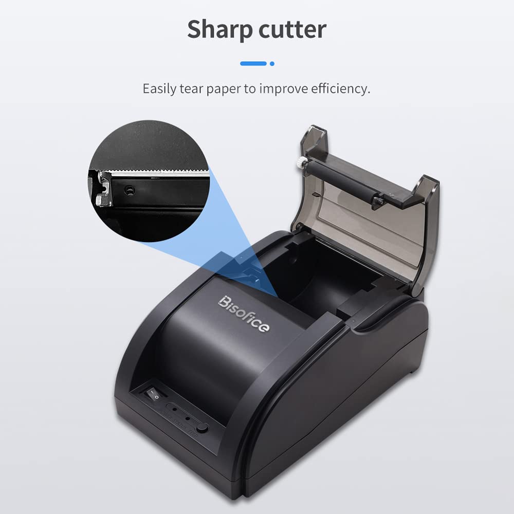 Desktop 58mm Thermal Receipt Printer, Barcode Printer, USB+BT Connection, 1 Roll Paper Included, Internal ESC Command Support, Cashbox Connection, Com