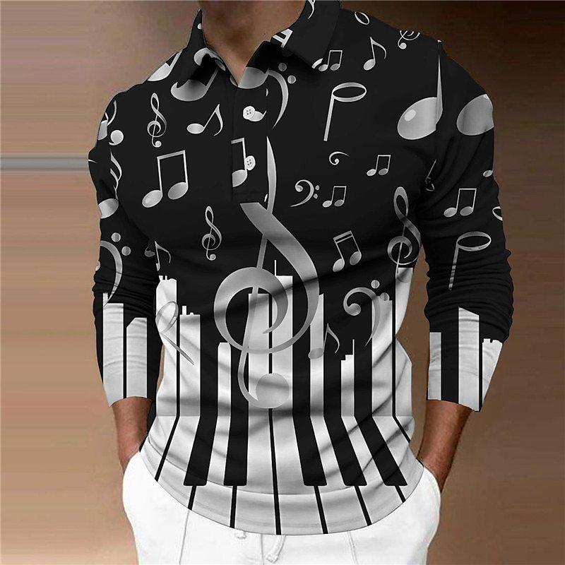 Polo a Maniche Lunghe con Stampa Note Musicali & Tasti di Pianoforte, Abbigliamento Casual alla Moda