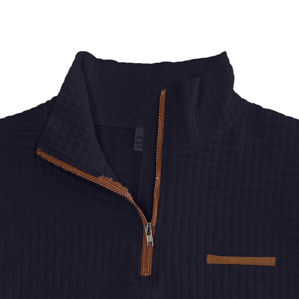 Men's Casual Oversized Solid-Color Outdoor Small Check Stand-Up Collar Half-Zip Sweatshirt