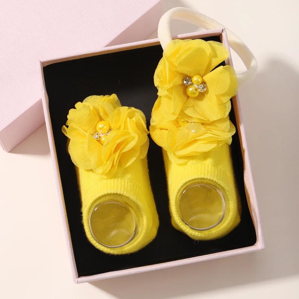 0-1Y Lovely Cartoon Baby Socks Hair Band Set Infant Toddler Non Slip Breathable Short Socks Newborn Headband Gift Photo Props