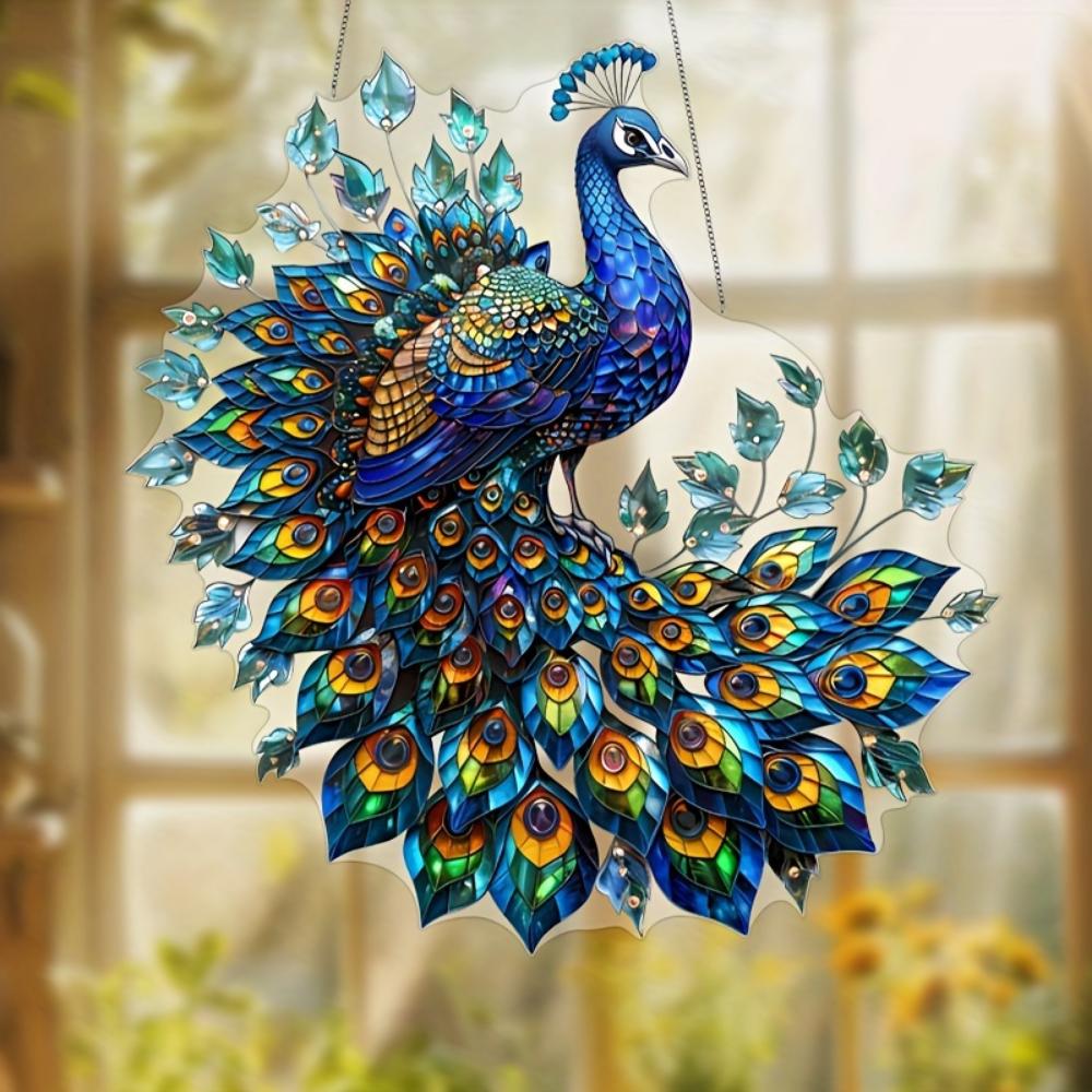 2D Graphic Art Revival Crystal Peacock Decorative Pendant Sun Catcher - Animal-themed Hanging Decoration for Home, Office, Garden, Patio Decoration