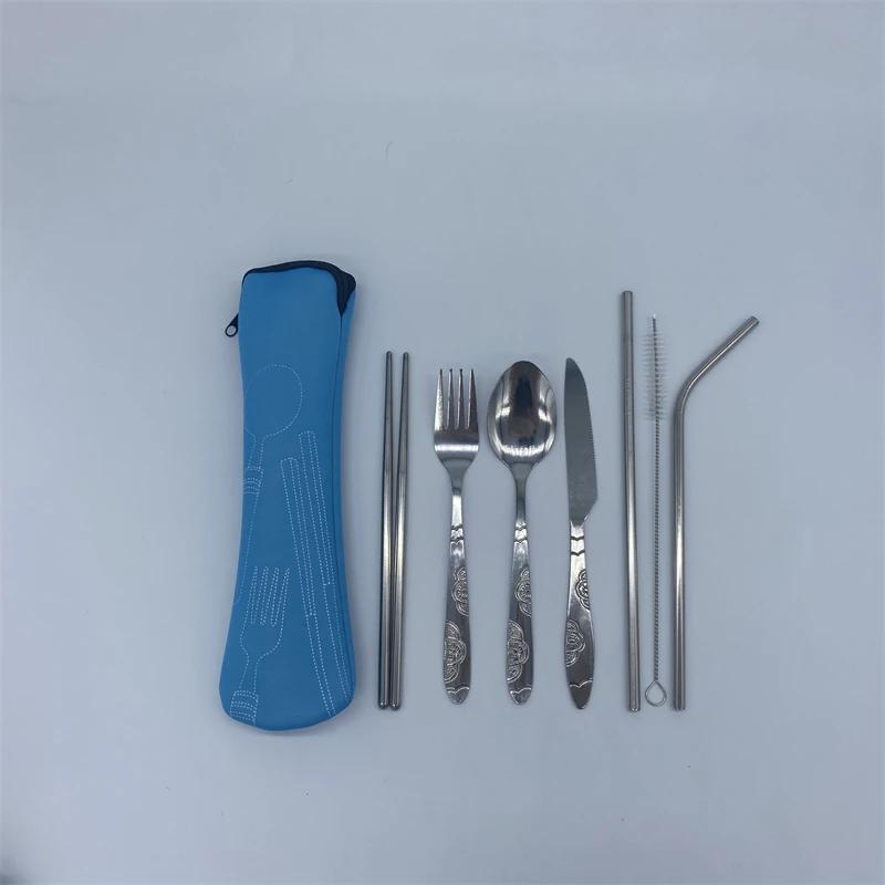 3pcs/7pcs Set Dinnerware Portable Printed Stainless Steel Spoon Fork Steak Knife Set Travel Cutlery Tableware with Bag