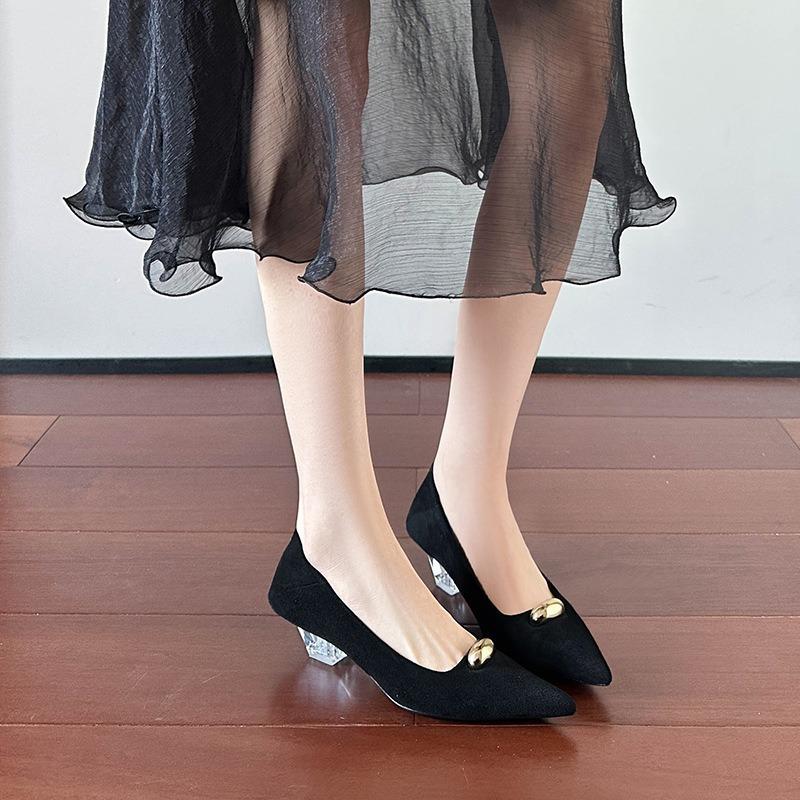 pointed suede shallow mouth high heels women's new temperament versatile small golden bean crystal heel single shoes women