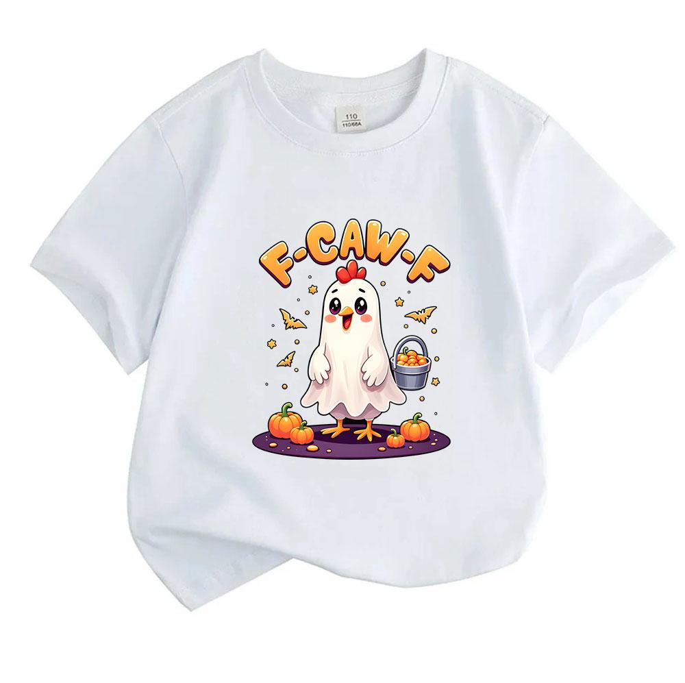 Kids Boys Girls 100% Cotton Short Sleeve Crew Neck T-Shirt, Funny F-Caw-F Ghost Chicken Cartoon Print Halloween Casual Tee with Pumpkin Trick Treat Pa