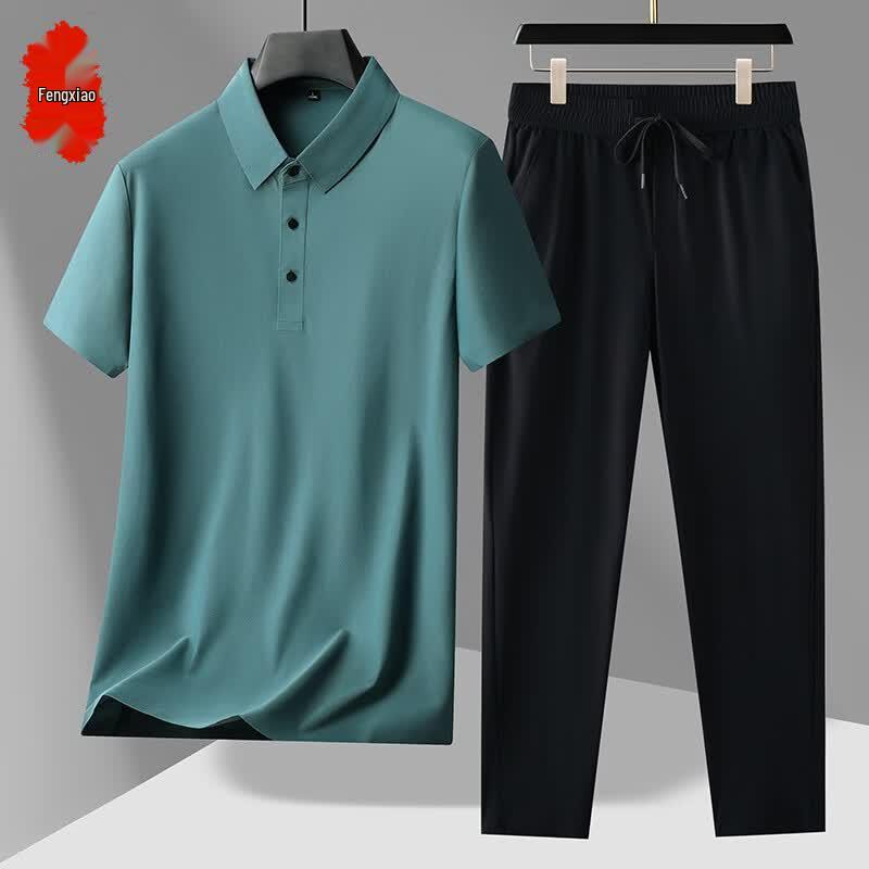 

Men s Seamless Polo & Long Pants Summer Casual Set 3XL