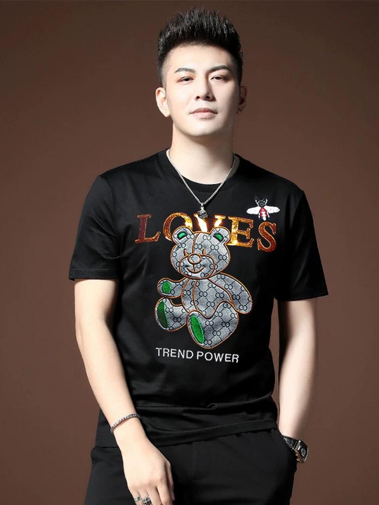 European Station High-End Embroidery Bear Ice Silk Short Sleeve T-shirt Male Fashion Brand Trend 2025 Summer New Arrival Men's Elbow-Sleeved Top