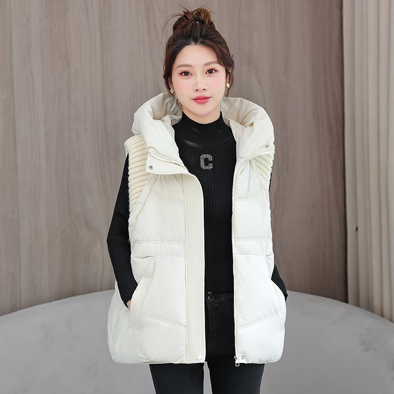 New Women's Clothing Solid Color Zipper Pocket Cotton Clothing Vest Fashion Hooded Temperament Commuter Jacket