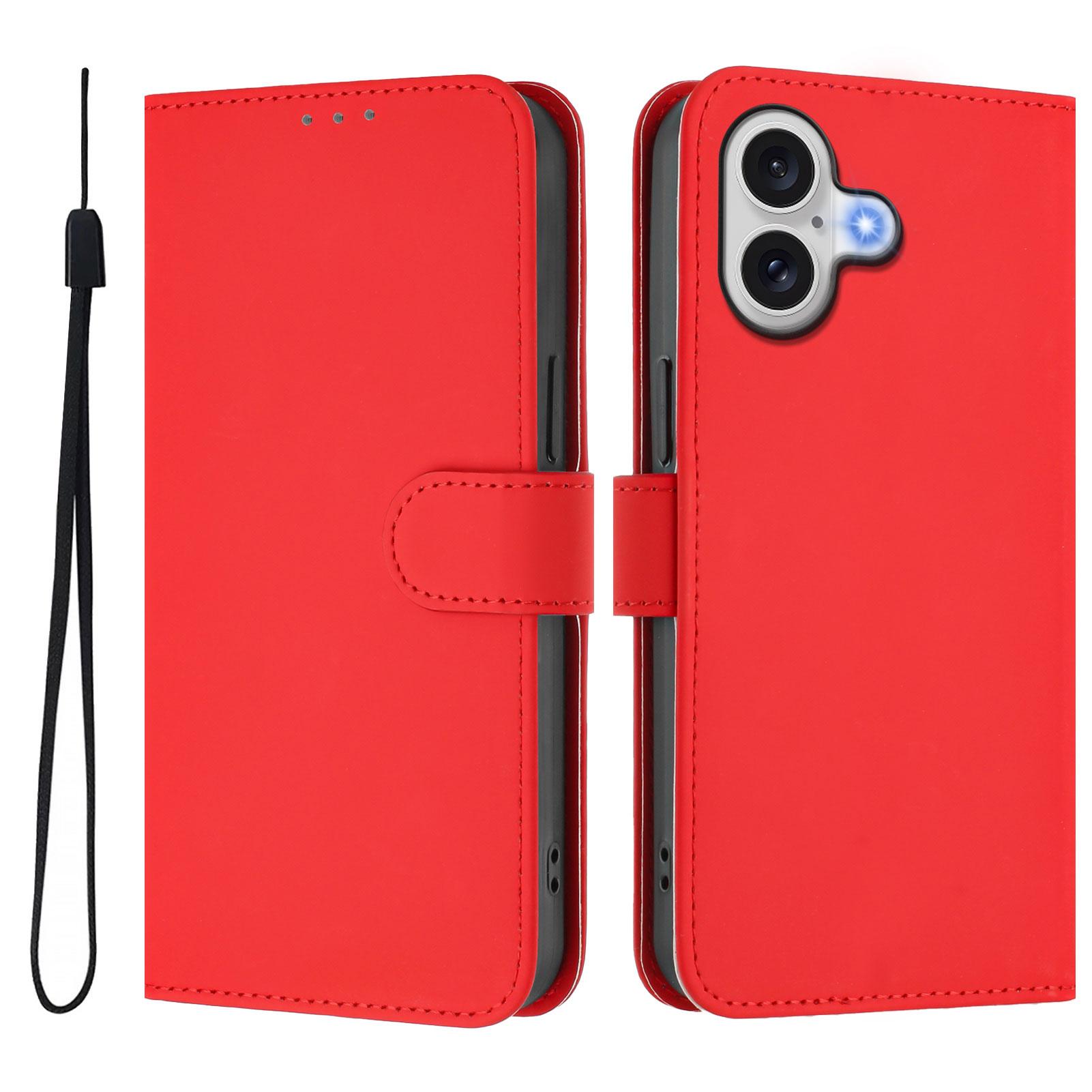 

For iPhone 17 Case Solid Color Wallet Leather Phone Cover with Strap Bright Red