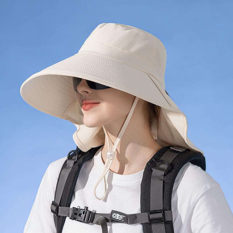 Big Eaves Shawl Sunscreen Hat European and American Bucket Hat Fashion Sun Hat Summer Outdoor Hat with Ponytail Hole Women