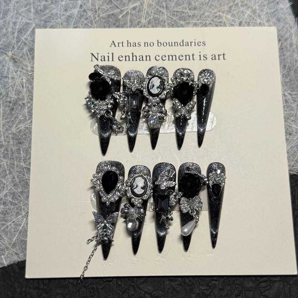 Dark Punk Style Long Stiletto Handmade Wearable Press On Nails Heavy Metal Butterfly Bow Chain Flower Pearl Diamond False Nails