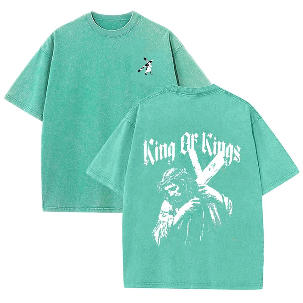 2026 Vintage Gothic King Of Kings Jesus Cross Graphic Black Acid Washed T Shirt Religious Faith Front Back Print Oversized Unise
