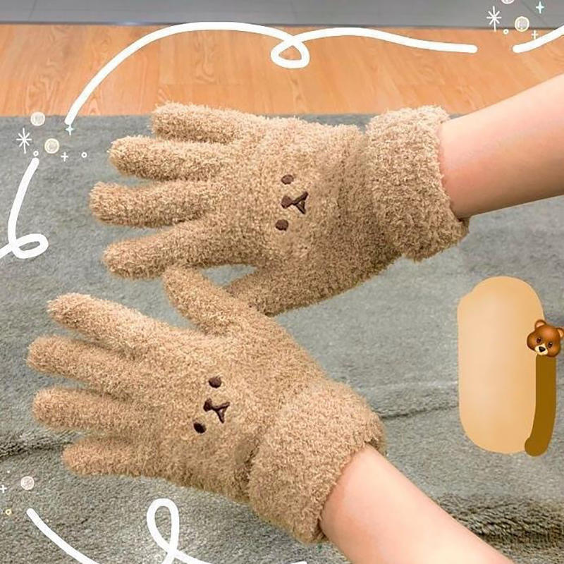 1-2pair Adorable Gloves Portable Winter Gloves Cute Soft Fluffy Plush Winter Gloves Cartoon Bear Winter Warm Full Finger Gloves