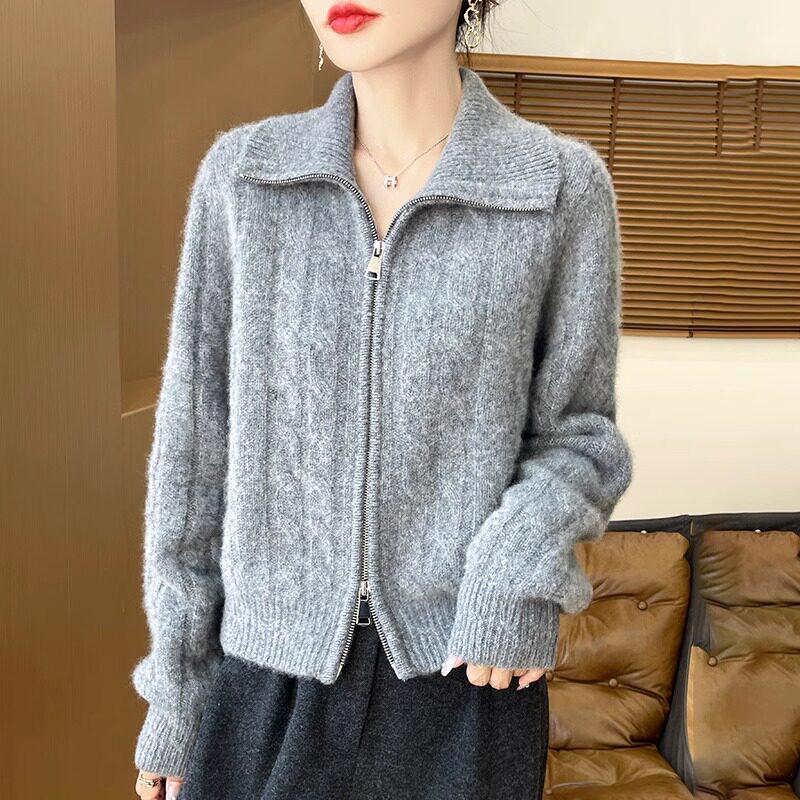 Women's Double Zipper Knit Cardigan - Long Sleeve Lapel Sweater for Spring & Autumn