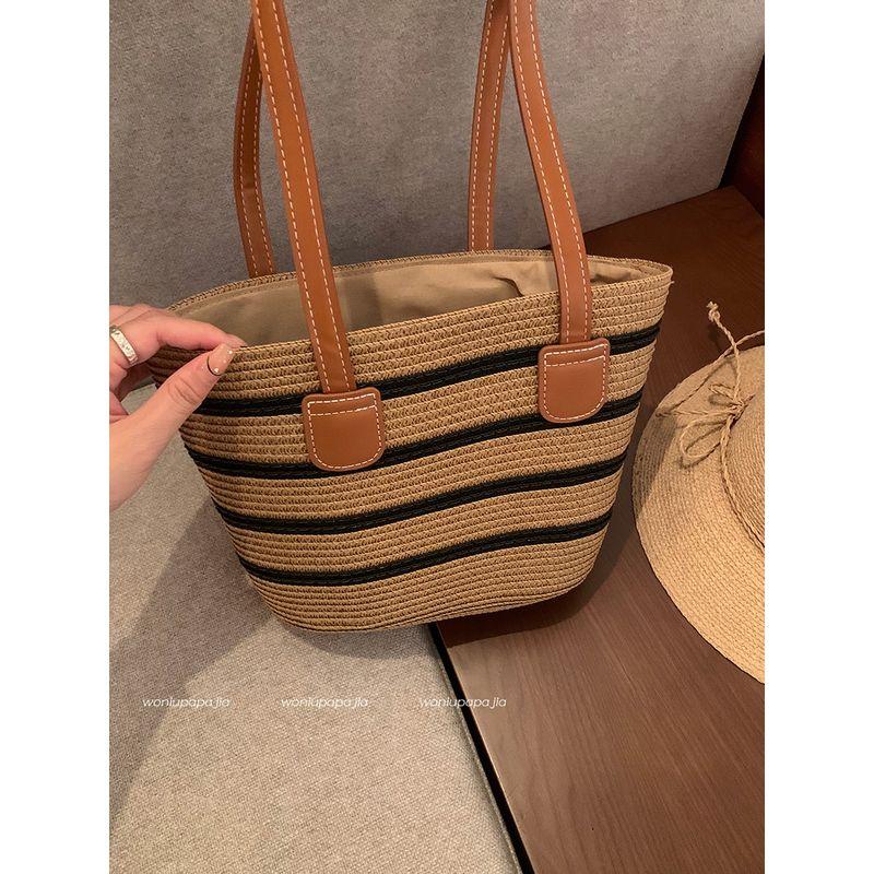 

Bag Female French Pastoral Style Seaside Straw Woven Bag Small size-khaki [large stripes]]