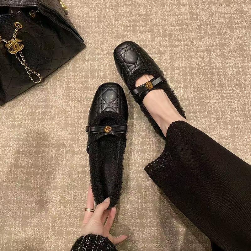 Soft Leather French Camellia Velvet Mary Jane Shoes Women's Height Increase In Autumn and Winter