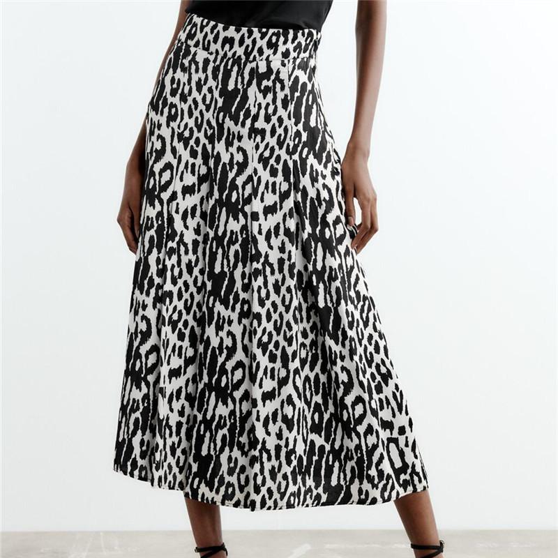 Dámské elegantní sukně do poloviny lýtek Leopard Midi Vintage s vysokým pasem na boční zip