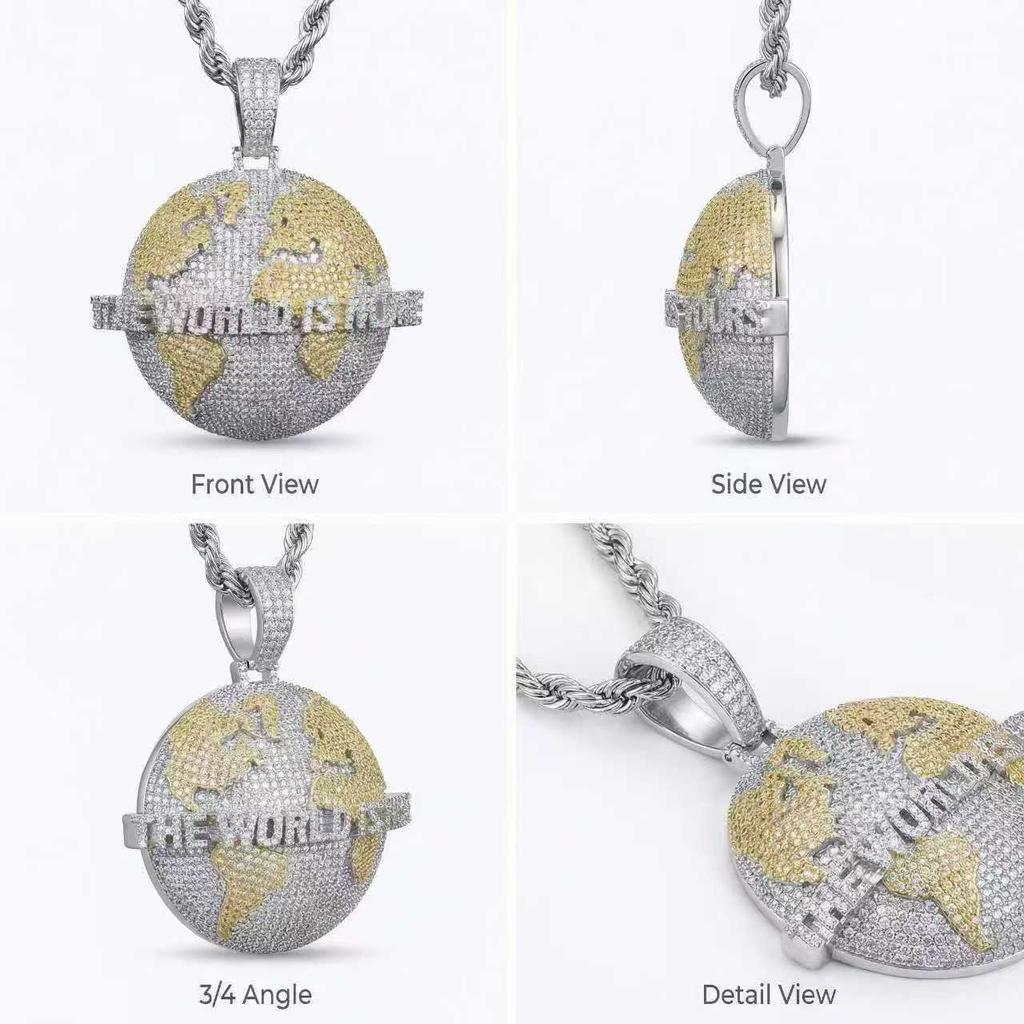 2 Tone Round Brass Pendant Men Hip Hop Necklace Full Bling Cubic Zirconia CZ Fashion Jewelry