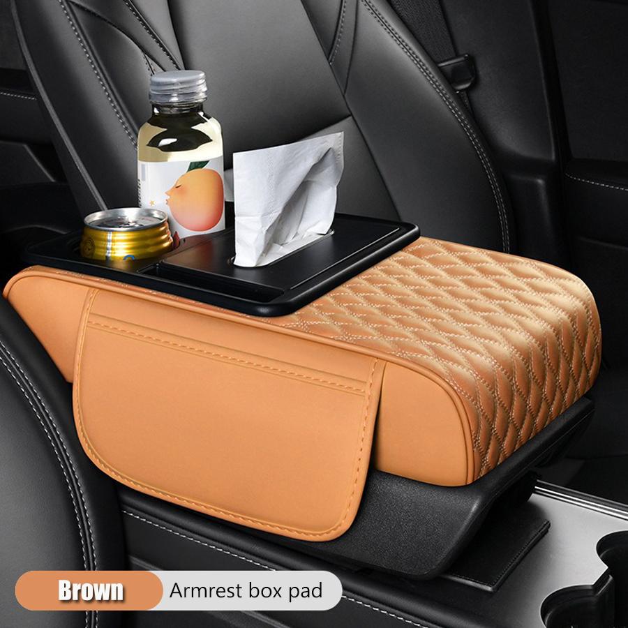 Hochwertiges Armlehnenpolster für die Mittelkonsole im Auto, mit Taschentuchbox und 2 Getränkehaltern, PU-Leder-Armlehnenbox-Pad, tragbares Armlehnenkissen für das Auto