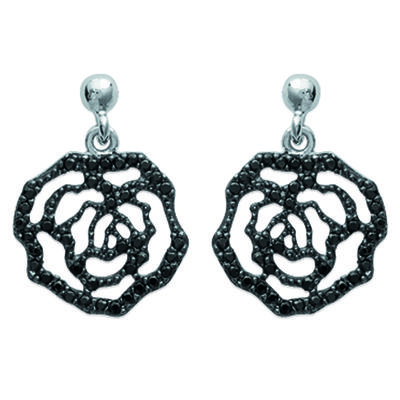 [K3847] - Black 'Rosa Romantica' Silver Earrings (rhodium-plated) - 14x15 Mm