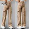 Women Cargo Pants Mid-rise Button Zipper Waist Casual Trousers with Multi Pockets Straight Leg Loose Fit Solid Color Long Pants